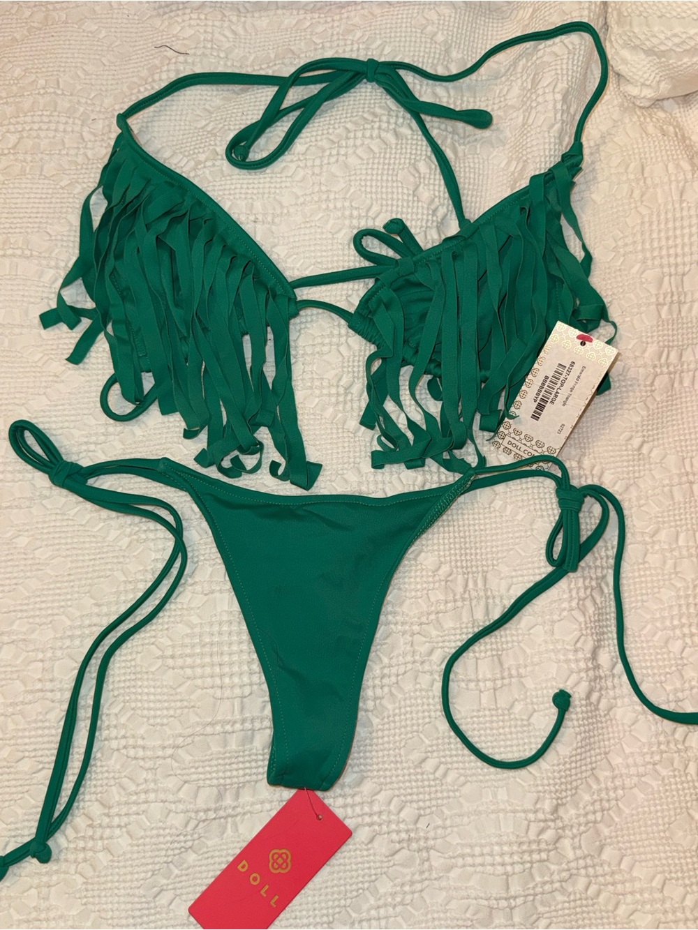 Fringe Triangle Tie-Side Bikini Set in Emerald Green